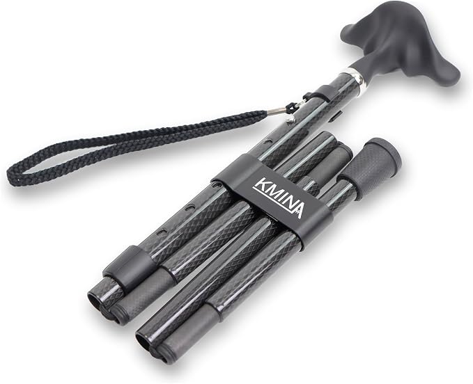 KMINA Folding Cane for Men and Women (Carbon Fiber), Soft Grip, Adjustable Height, Lightweight, Black, PRO Model