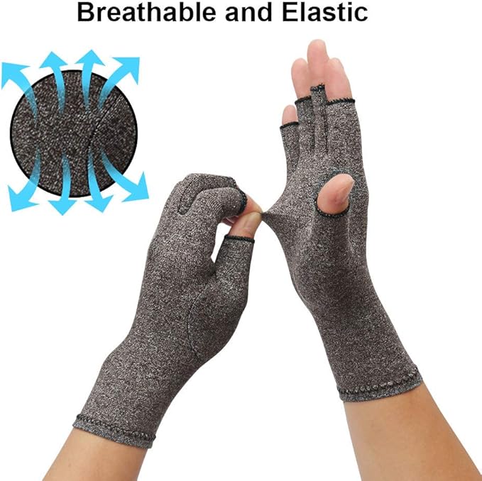2-Pair Arthritis Compression Gloves for Alleviate Rheumatoid Osteoarthritis, Carpal Tunnel Raynauds Disease, Fingerless Design Breathable & Moisture, Women and Men (Gray, Large)
