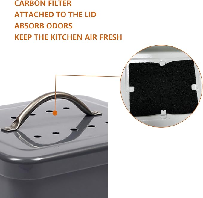 Stainless Steel Compost Bin, 1 Gallon, Kitchen Countertop Compost Bin, Includes Charcoal Filter, Compost Bucket Kitchen Pail Compost with Lid, Gray