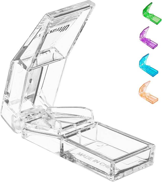 Ultrassist Pill Cutter and Splitter for Cutting Small or Large Pills, Accurate Medicine Splitter with Stainless Steel Blade, Transparent Vitamins Slicer Assorted Colors