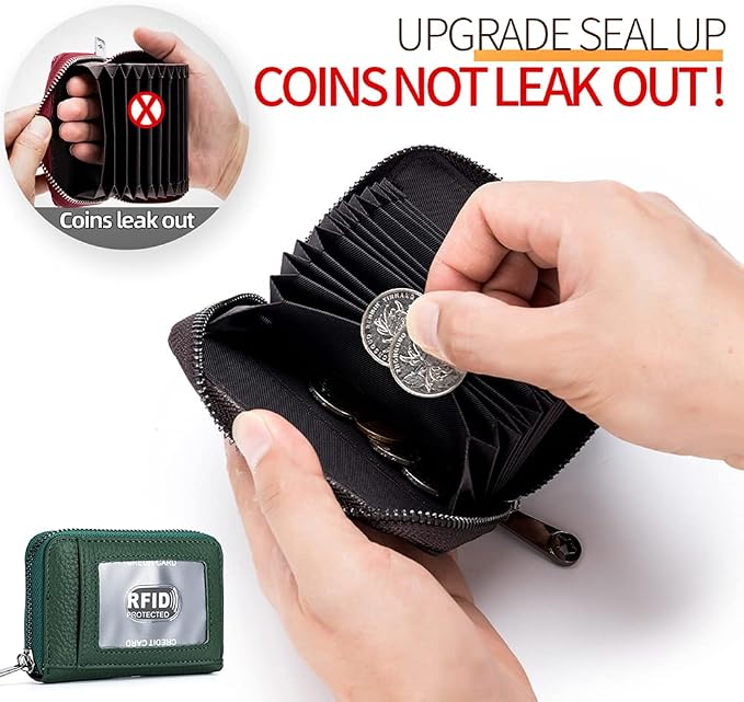 Genuine Leather Credit Card Wallet Accordion Zipper Rfid Credit Card Holder Small Coin Purse with ID Window (green)