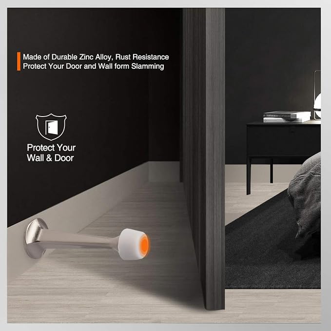 10 Pack Solid Rigid Door Stops - Heavy Duty Door Stoppers Wall Protector with Soft Rubber Tips, Satin Nickel
