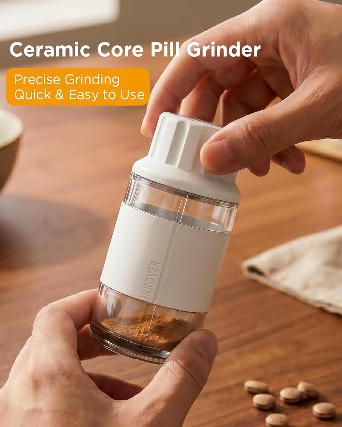 GAONLY Ceramic Core Small Pill Crusher Fine Powder –Manual Pill Grinder for Elderly & Pets, Free Twist-to-Grinder for Arthritic Hands, Crushes Meds/Vitamins to Fine Powder (White)