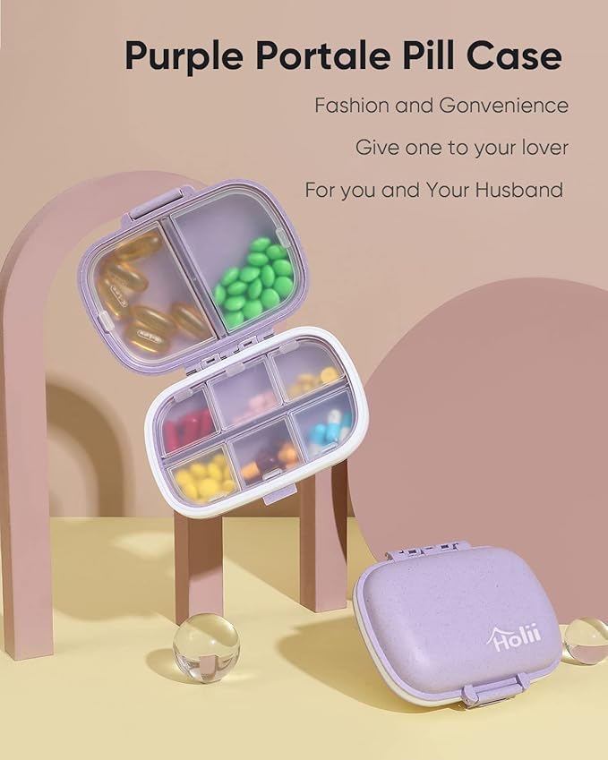 Holii Travel Pill Organizer, 8 Compartments Portable Pill Case, Daily Pill Box to Hold Vitamins, Small Pill Container for Pocket Purse Medicine Organizer（Purple）