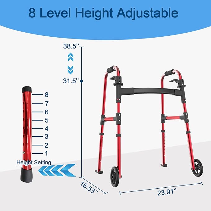 Loyoda Folding Walker for Seniors, Aluminum Front Wheel Walker, Ski Glides | 5" Front Wheels, Height Adjustable, Trigger Release Folding, Lightweight Standard Walker for Limited Mobility, Red