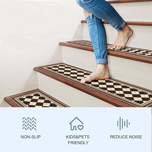 Stair Treads for Wooden Steps, 15 PCS, 30"X8", Brown | Edging Non-slip Stair Runner Indoor, Self-Adhesive Backing, Washable Reusable, Carpet Stair Treads for Kids Elderly Pets