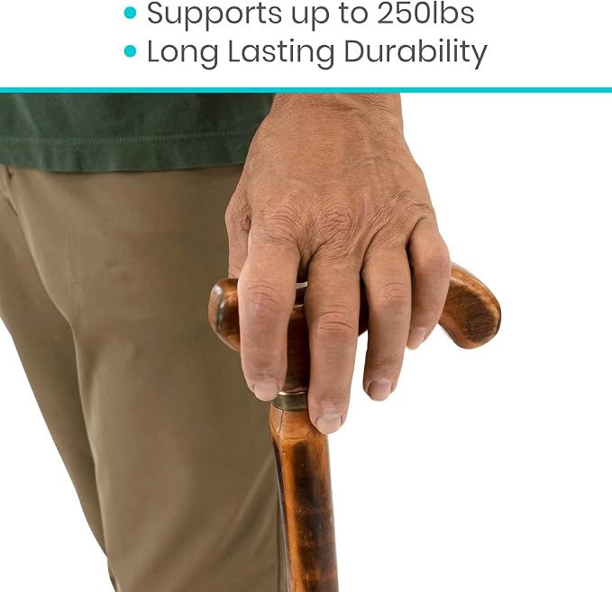 Vive Wooden Walking Stick Cane - for Men, Women, & Seniors - 36 Inch Single Point Rubber Tip with Willow Handle - Ergonomic Grip for Balance & Stability - Lightweight Elderly Assistance Product