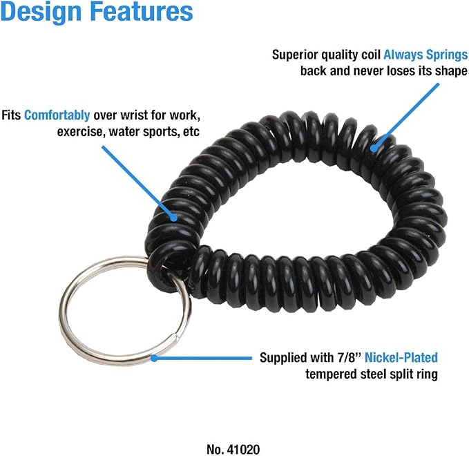 Lucky Line 2” Spiral Wrist Coil with Steel Key Ring, Multi-Color Flexible Wrist Band Key Chain Bracelet, Stretches to 12”, Black, 10 PK (41020)