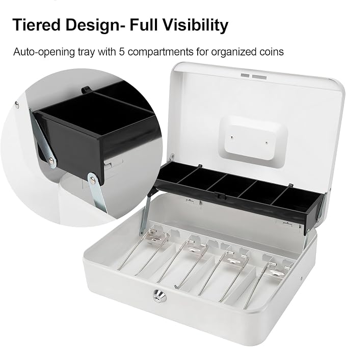 Jssmst Locking Large Metal Cash Box with Money Tray, Money Box with Key Lock, White, SM-CB0504L