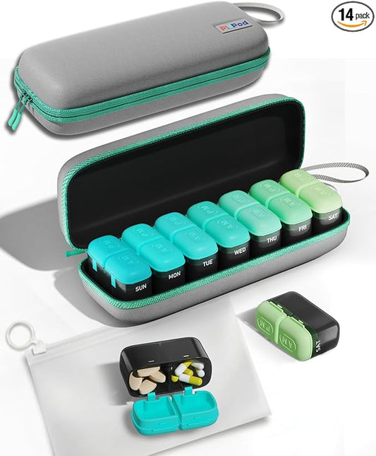 Weekly Pill Organizer, 7 Day Travel Medicine Pill case with Moisture-Proof Silicone Lid, Large AM PM Daily Pill Organizer 2 Times a Day for Vitamins & Supplements, Secure Zipper Pill Box(Green)