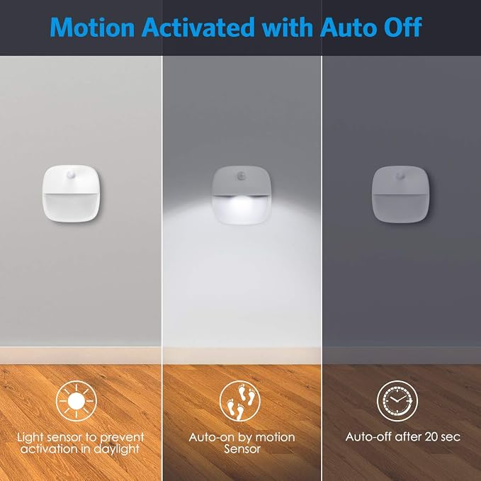 AMIR Upgraded Motion Sensor Stair Light Indoor (White - Pack of 3) | Battery Operated, Cordless Stick-On LED Night Light for Closet, Hallway, Bathroom, Kitchen, Cabinet, Energy Efficient