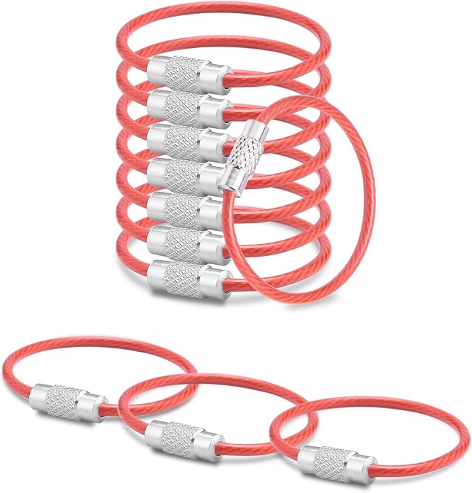 CooBigo 12 Pack Small Keychain Key Ring Holder 4 Inch Travel Luggage Tag Loops Wire Cable Key Chain for Hanging Car Keys Dog Tag Rings Keeper (Thick: 2mm, Red)