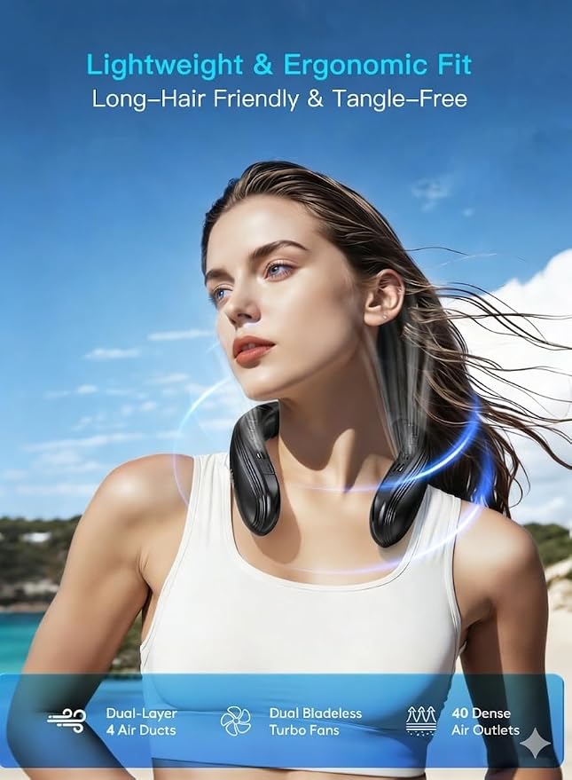 Neck Air Conditioner Portable, Upward & Downward Back Airflow, Large Cooling Plate & NTC Control, 6000mAh Bladeless Wearable Fan, 6 Speeds for Outdoor, Travel, Office, Golf