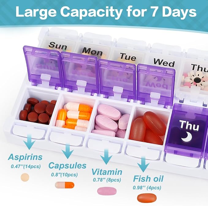 Shintop Am Pm Pill Organizer 7 Day, Weekly Pill Box 2 Times a Day | Easy-Open Push Button, Quick-Fill Top, 14 Large Compartments, BPA-Free PP, Silicone Hinges, Senior- and Arthritis-Friendly