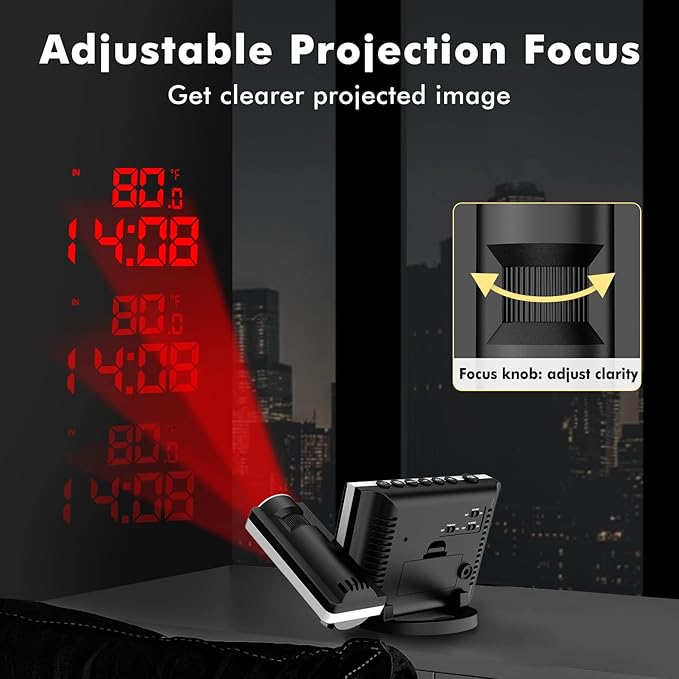 DR.PREPARE Projection Alarm Clock, Adjustable Projection Focus, Wireless Indoor Outdoor Temperature Humidity Monitor, 180° Projector, Snooze, Weather Forecast, Dual Alarms for Bedroom, Heavy Sleeper