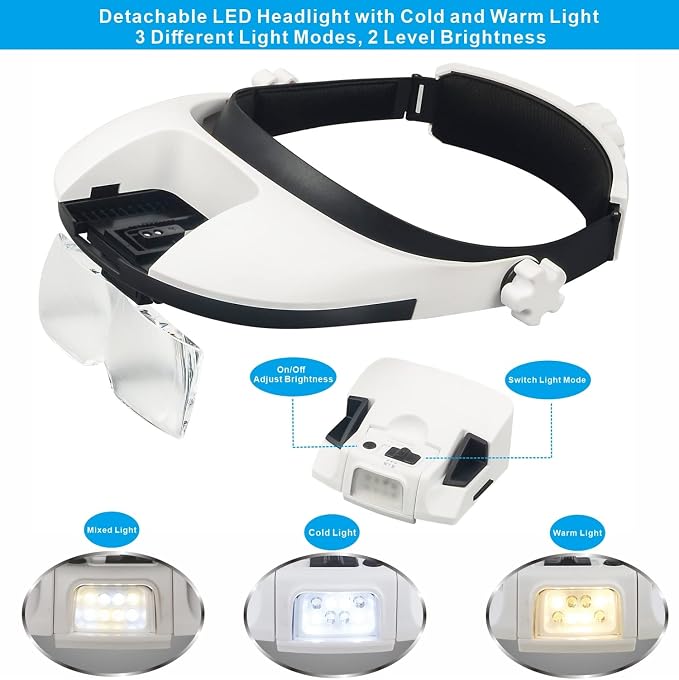 Large Lens Head Magnifier Headband Magnifying Glass with Light Hands free 8 LED Magnifier with White and Yellow Light for Close Work, Crafts, Hobby, Reading, Repairing, Sewing, Jewelry