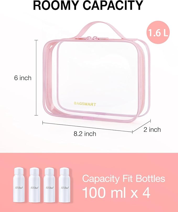 BAGSMART Clear Toiletry Bag with Handle 3-Pack TSA Approved, Pink | Water-resistant Travel Toiletry Bag, Carry On Travel Accessories Bag, Airport Airline Quart Size Bags Women Men, Makeup Bag
