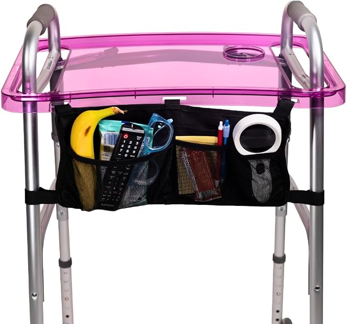 StrongArm Clear View Walker Tray + Bag + Non-Slip Mat & Cup Holder, Tray for Folding Walkers, Food Tray, Walker Accessories, Tray Table for Standard Adult Walkers (Purple)