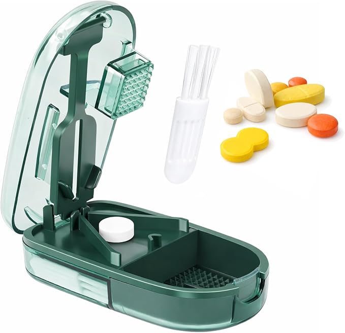 Small Pill Cutter, Tablet Splitter for Tiny and Large Pills, Portable Pill Press and Divider for Vitamins, Travel Organizer with Safety Blade Guard– Green