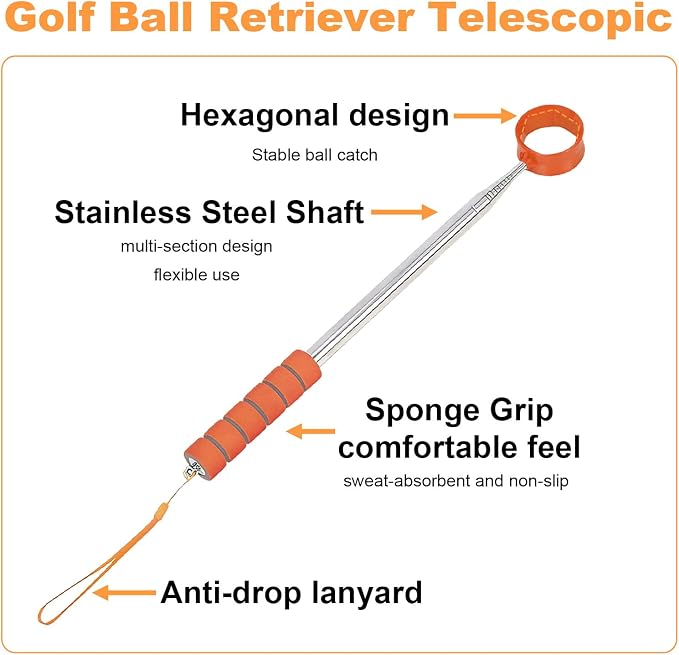 Golf Ball Retriever Telescopic, 9Ft Golf Ball Retriever for Water, Professiona Stainless Steel Ball Retriever Tool Golf, Light Weight Double Sided Golf Ball Grabber, Golf Accessories Gifts