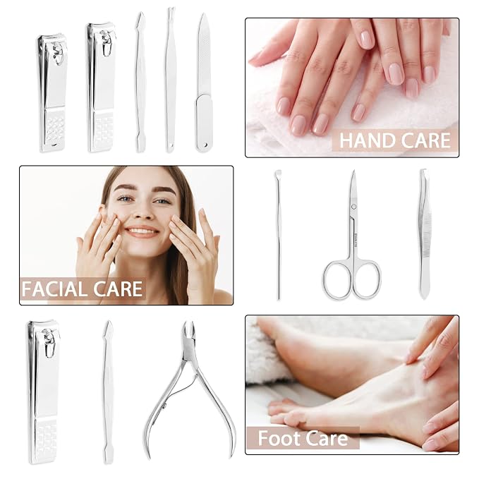 Manicure Set, FAMILIFE Professional Manicure Kit Nail Kit Mens Grooming Tools Pedicure Tool 9PCS Gifts for Men Boyfriend Stainless Steel Nail Clipper Set Leather Case Brown