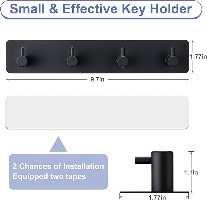 Key Holder with 4 Hooks,Adhesive Key Hanger Organizer for Wall Mount | Metal Key Rack with 2 Self-Adhesive Tapes for Entryway, Door, Bathroom, Kitchen(Black)