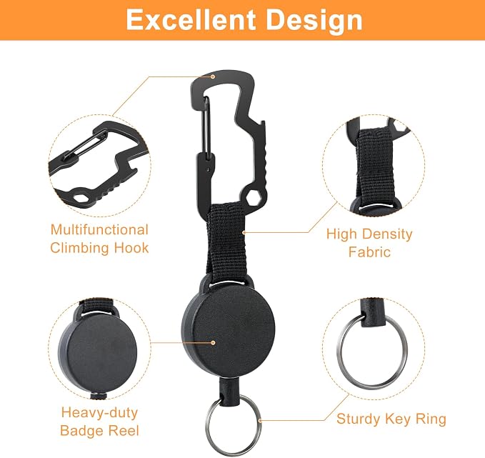 DELSWIN Retractable Key Chain Key-Rings - Heavy Duty Key Holder Belt Clip with Multitool Carabiner, Keychain Lanyard Badge Reels (Pack of 3)