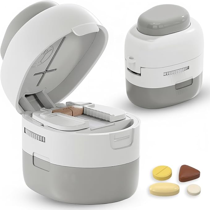 Pill Cutter Splitter with Storage Box, Adjustable Vertical Press Pill Splitter for Small/Tiny Pills Vitamins Tablets, 1/2 & 1/4 Precise Cutting, Hidden Sharp Blade, Multi-Pill Cutting(Off-White)