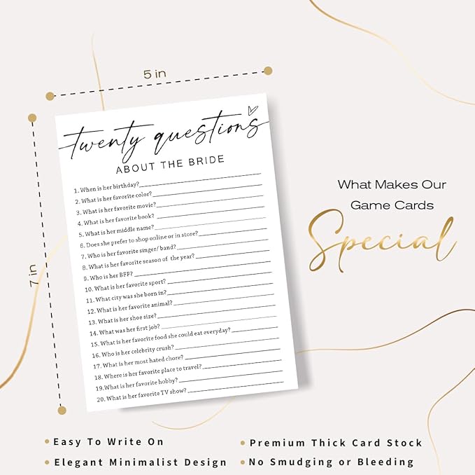 Bridal Shower Games Cards, Twenty Questions About The Bride, Bridal Shower Game 25 Guests, Engagement Party Wedding Games for Guests, Minimalist White Wedding Party Supplies - A05