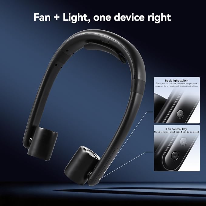 VAVOFO Portable Neck Fan with Book Light, Hands Free Wearable Cooling Fan | 6000mAh Rechargeable, 3 Speeds, 250° Adjustable, Ideal Gift for Reading, Travel, Office, Hiking, Fishing & Sports