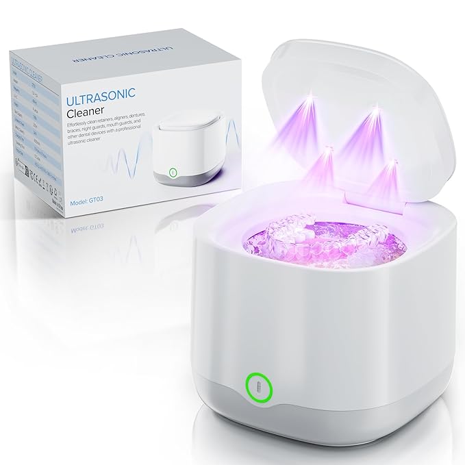 Ultrasonic Retainer Cleaner, 45kHz Retainer Cleaner Machine 4000mAh for Denture, Night Guard, Mouth Guard, Aligner, Brace 24W Dental Cleaning Pod with 4 UV Lights, 200ml Multiple Cleaning Modes