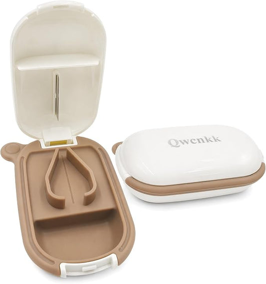 Pill Cutter and Splitter with Case, Compact Travel Pill Cutter with Removable Non-Slip Silicone Pad, Portable Medicine Box for Tablets, Vitamins and Daily Pills, Beige