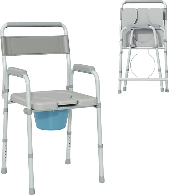 HOMCOM 4 in 1 Bedside Commode Shower Chair Portable Toilet Raised Toilet Seat with Handle for Seniors, Adults, Handicap, Adjustable Height, Gray
