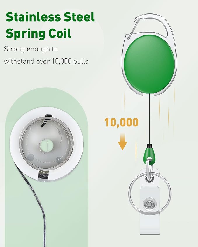 Uniclife 2 Pack Retractable Badge Reel for Badge Holder Green Heavy Duty Retractable Keychain Strong ABS Casing with Stainless Steel Spring Coil 24 Inch Nylon Rope Carabiner Clip and Key Ring
