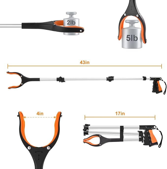43" Extra Long Grabber Tool, Foldable Grabbers for Elderly Grab It Reaching Tool with Rotating Jaw +Magnets, 4" Wide Claw Opening Reacher Grabber Pickup Tool, Grabber Reacher Tool Heavy Duty | Rotating Jaw+Magnets, Mobility Aid Reaching Tool for Senior...