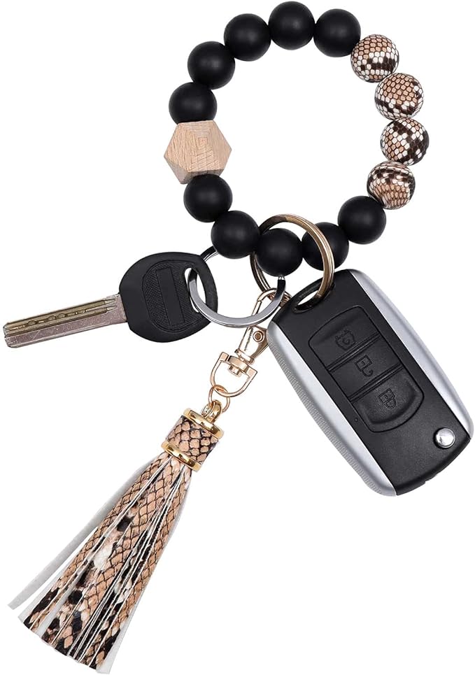 BAOSIWA Silicone Beaded Bracelet Keychain Wristlet Key Ring Bangle Chains for Women with Leather Tassel