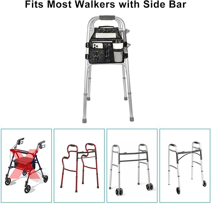 supregear Side Walker Bag, Walker Accessories Bag w/Cup Holder, Folding Walker Basket Waterproof Walker Organizer Caddy Pouch for Most Walker with Side Bar for Seniors, Elderly, Double Sided
