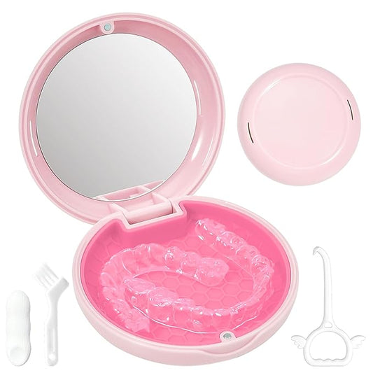 Retainer Case Slim Aligner Case with Vent Holes Removable Inner Tray Silicone for Easy Cleaning, Retainer Removal Tool and Brush (Opaque Pink)