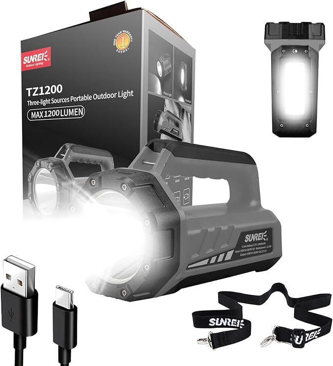 SUNREI Rechargeable LED 1500LM Box Flashlight, 8 Light Modes Portable Camping Lantern, 10400mAh Power Bank, IP67 Waterproof for Emergencies Power Outages, Hurricane Emergency, Hiking, Home, etc