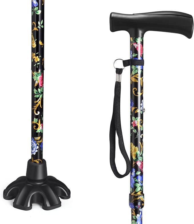 Floral Canes for Women Folding Cane for Stability with Non-Slip Base, Adjustable Walking Cane for Seniors - Lightweight Collapsible Walking Sticks with T & Offset Handle