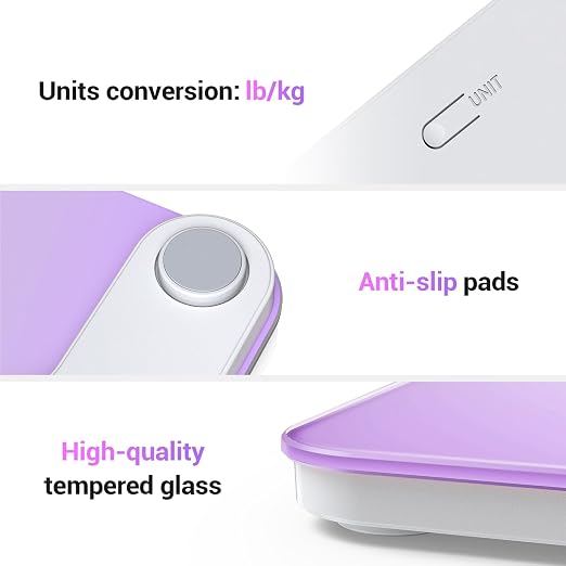 Ovutek Bathroom Scale for Body Weight, Highly Accurate Digital Weighing Machine for People, Upgraded Batteries Included, Compact Size, LED Display, High Standards Sturdy Tempered Glass, 400lb (Purple)