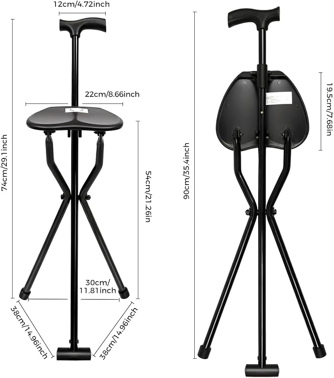 Cane Chair,Walking Cane,35.4 Inches Tall Multi-Functional Foldable Three-Legged Stool, Folding Cane with Seat, Supports Up to 249.12Lbs, Suitable for Both The Elderly and Young