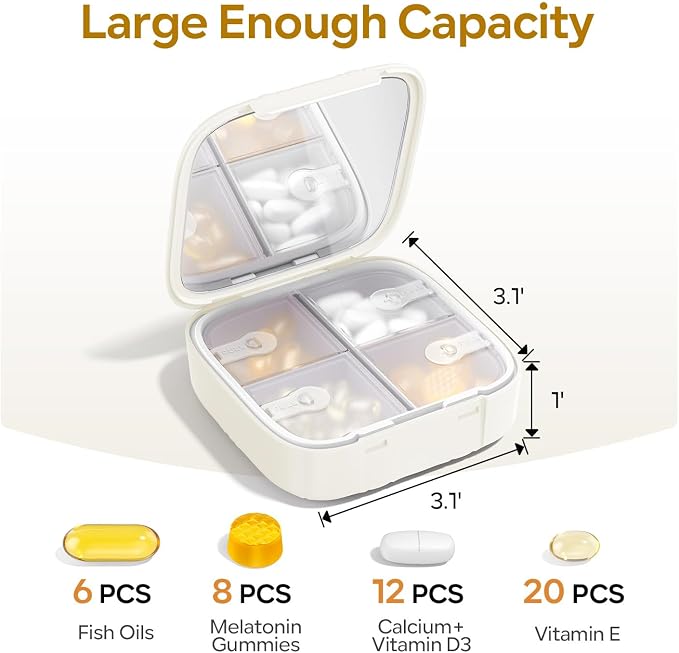 Travel Pill Organizer for Women, Cute Pill Box with Mirror | Compact,Waterproof,Bpa-free,Stylish,4 Compartment