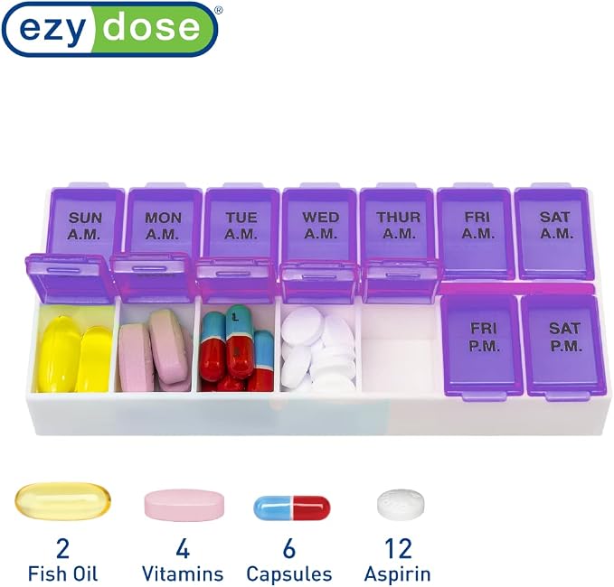 Ezy Dose Weekly (7-Day) Daily AM/PM Pill Organizer, Vitamin Planner, and Medicine Container, Case for Supplements and Fish Oils, Medium Compartments, 2 Times a Day, Purple, BPA Free