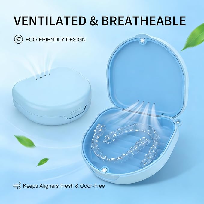 2 Pack Retainer Case, Slim Aligner Case with Vent Holes and Silicone Liner, Compatible with Invisalign, Includes Removal Tool, Brush, Chews, Blue