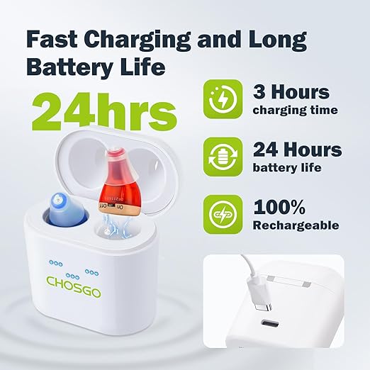 CHOSGO OTC Rechargeable Hearing Aids for Seniors, 12-Channel Digital Hearing Amplifiers with Noise Cancellation, Invisible CIC Design with Anti-Misoperation Volume Control, Red Blue
