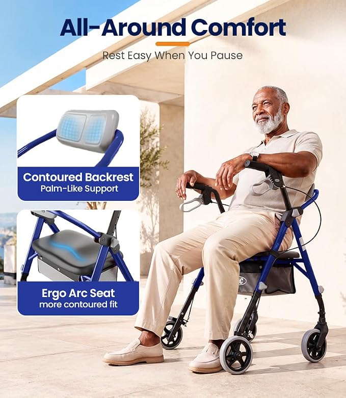 VOCIC Z11 Rollator Walkers for Seniors with Seat, 500 LBS Load, Ultra Wide | High-capacity support, 23" wide frame, ergonomic seat, dual brakes, and slim fold for home, shopping & daily walks, Blue
