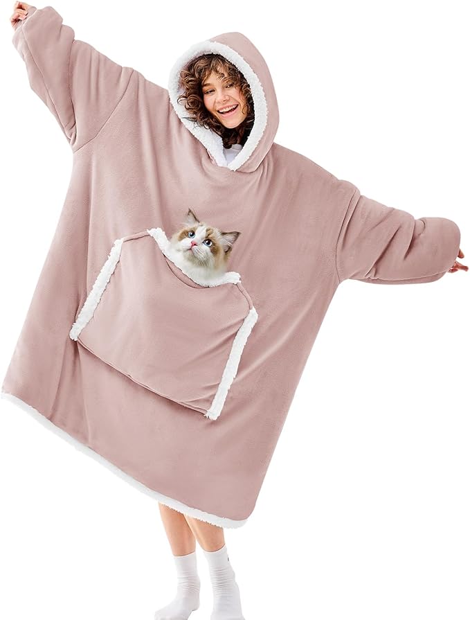 JOYWOO Pink Oversized Wearable Blanket Hoodie,Cat lovers Long Hoodie Blanket for Adult,Birthday Gifts for Women Mom Girlfriend,Cozy Sweatshirt Hooded Blanket Giant Pocket Gifts,Dusty Pink Oversize