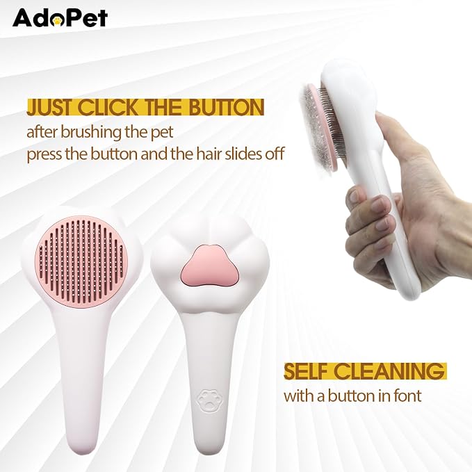 Self-Cleaning Pet Grooming Brush – Smooth Grooming Brush for Dogs and Cats, Easy Hair Removal with the Push of a Button, Gentle Shedding Remover for Small Pets (Cat Paw)