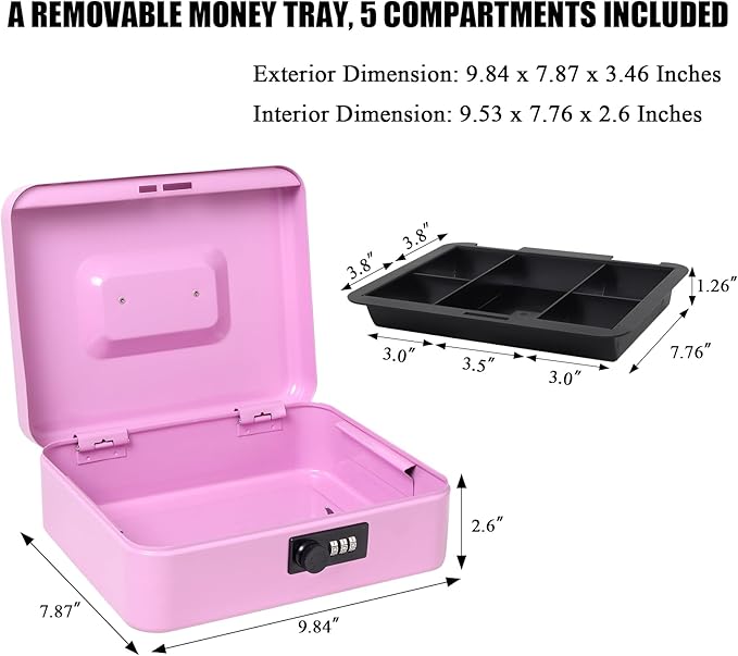 Jssmst Large Cash Box with Combination Lock - Durable Metal Cash Box with Money Tray, Light Purple (9.84 x 7.87 x 3.46)